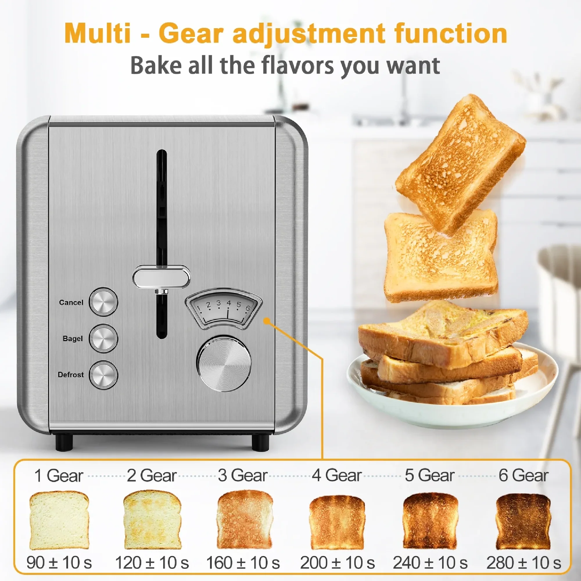 WHALL 2 Slice Toaster - Stainless Steel Toaster with Wide Slot, 6 Shade Settings, Bagel Function, Silver - Image 2