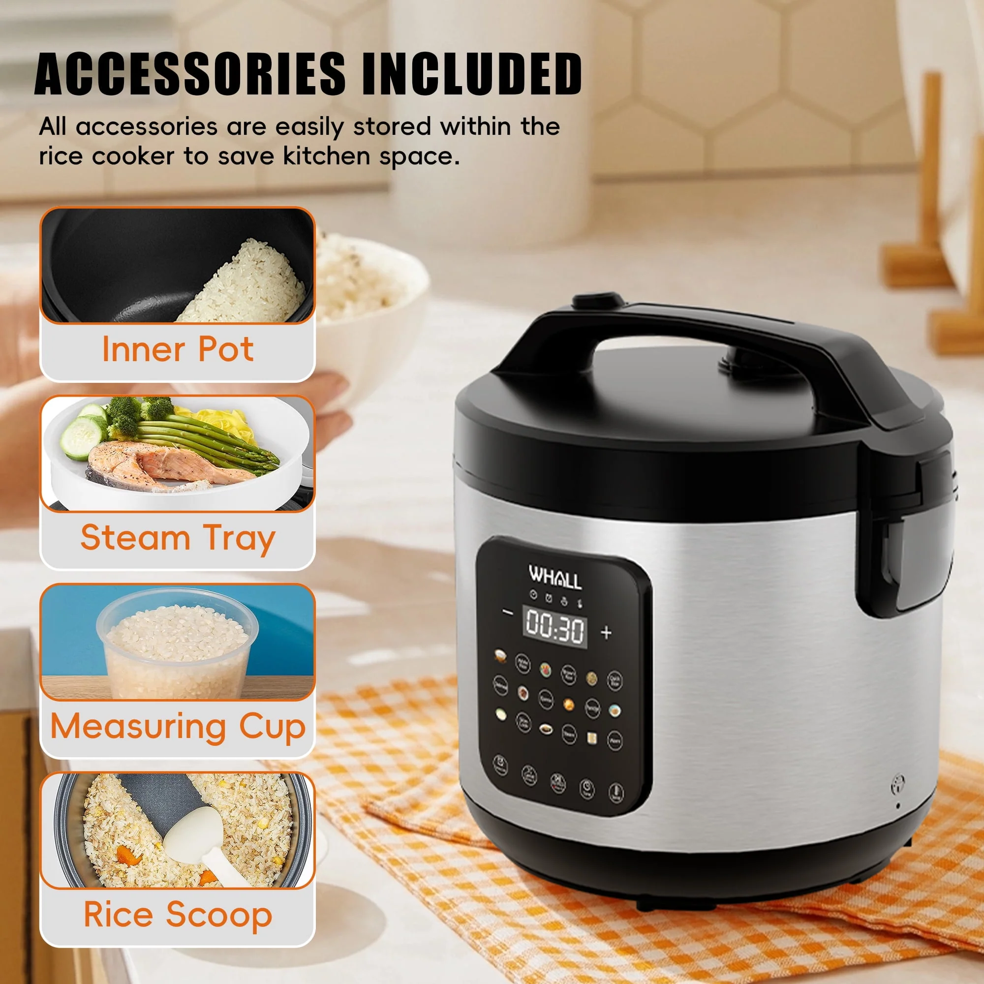 WHALL Digital Rice Cooker, 5 Qt, 9 Cooking Programs, 20-Cup Capacity, Stainless Steel, LED Display, 12-Hour Delay Timer - Image 2