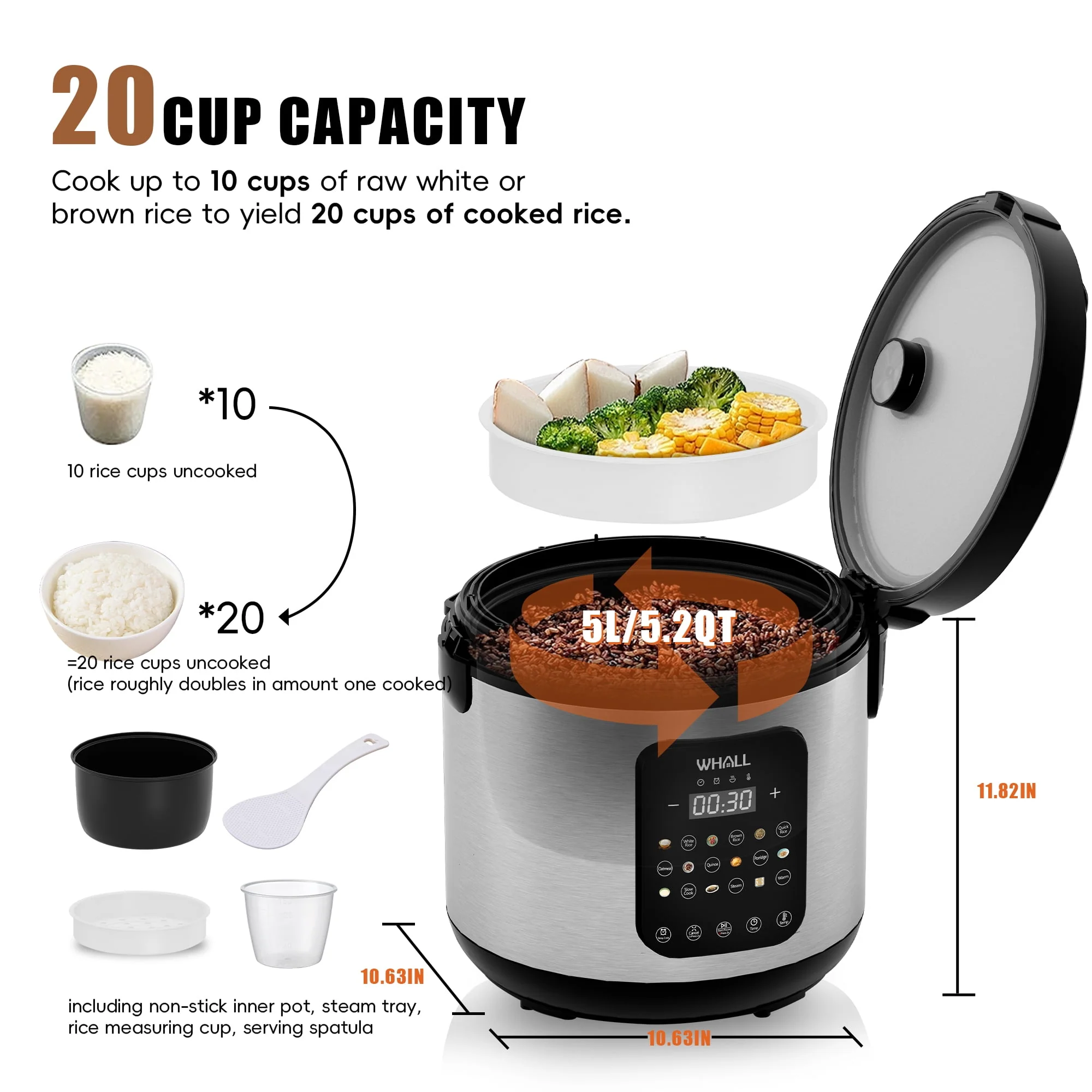 WHALL Digital Rice Cooker, 5 Qt, 9 Cooking Programs, 20-Cup Capacity, Stainless Steel, LED Display, 12-Hour Delay Timer - Image 3