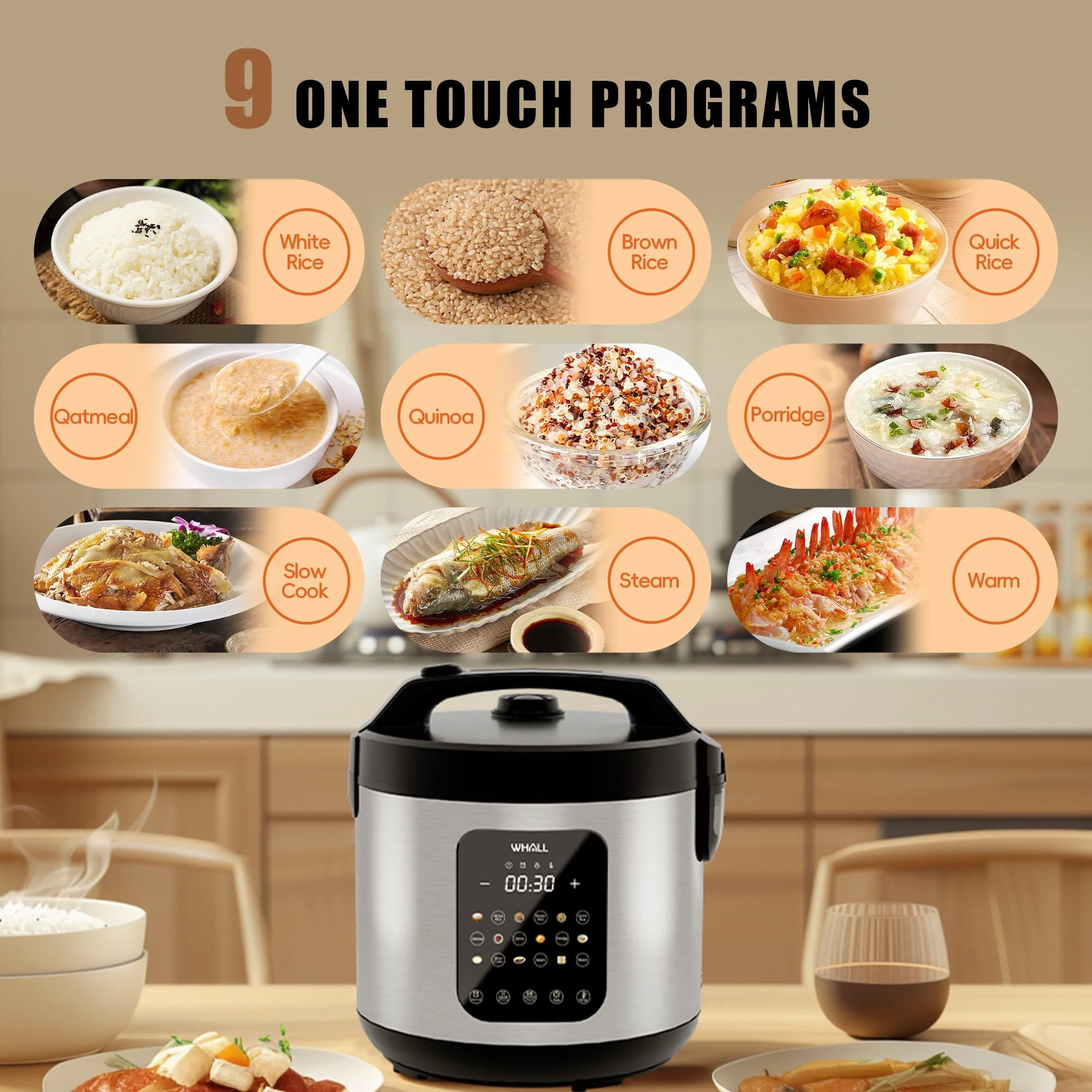 WHALL Digital Rice Cooker, 5 Qt, 9 Cooking Programs, 20-Cup Capacity, Stainless Steel, LED Display, 12-Hour Delay Timer - Image 4