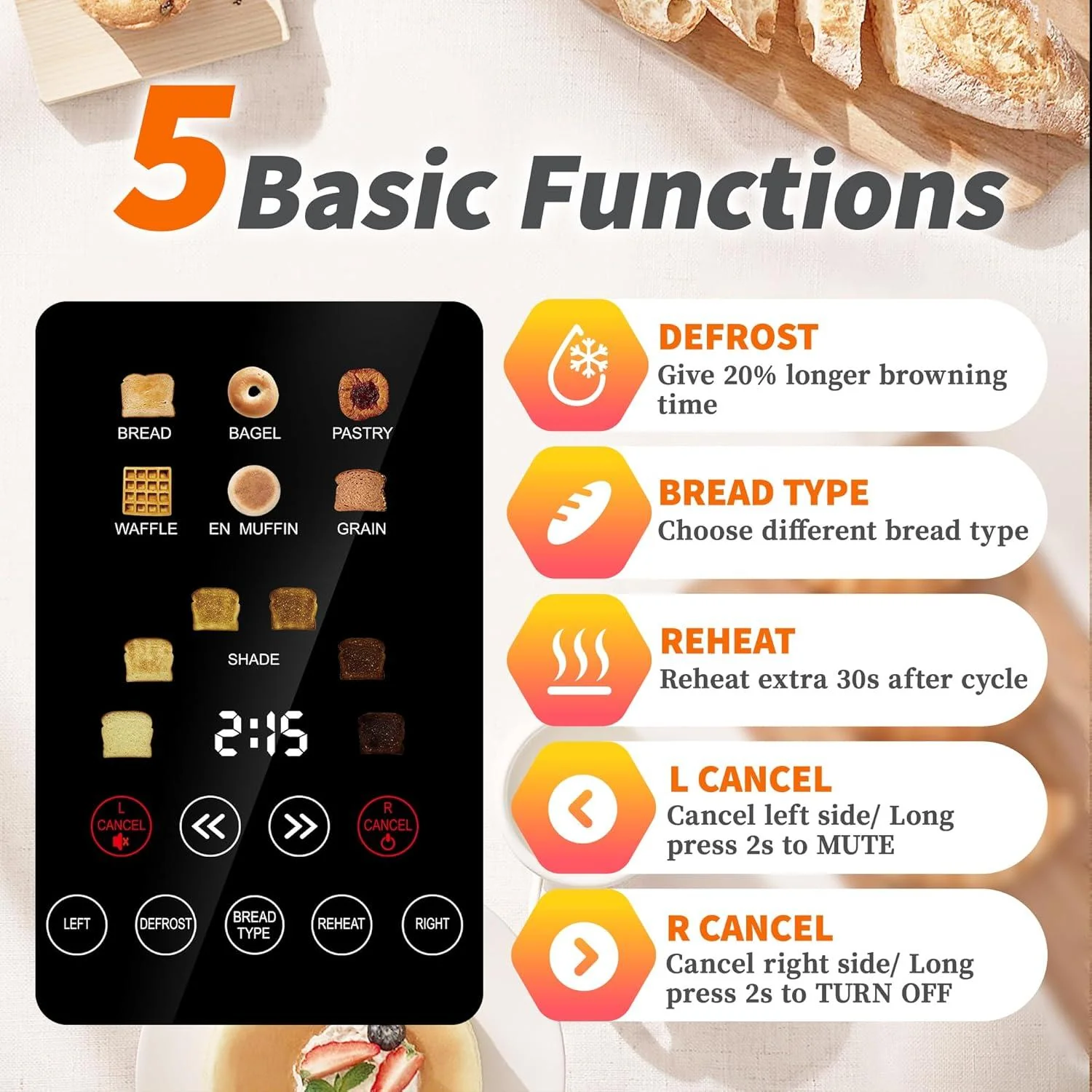 Whall KST076AU Touchscreen Toaster 4 Slice 6 Shade Settings - Image 5