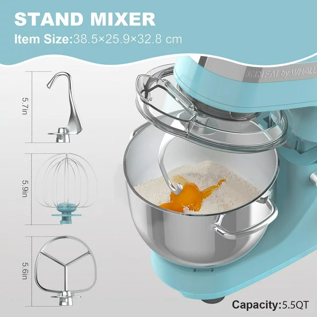 WHALL Stand Mixer - 5.5Qt 12-Speed Tilt-Head Electric Kitchen Mixer with Dough Hook/Wire Whip/Beater, Stainless Steel Bowl (Blue) - Image 3
