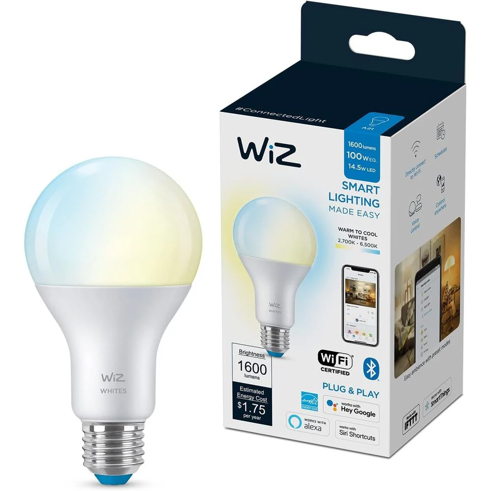 WiZ Connected A21 Tunable White LED Smart Bulb, 100W Equivalent, Dimmable, Wi-Fi Enabled, Voice and App Control, Matter Compatible, E26 Base, 1 Pack, 604280
