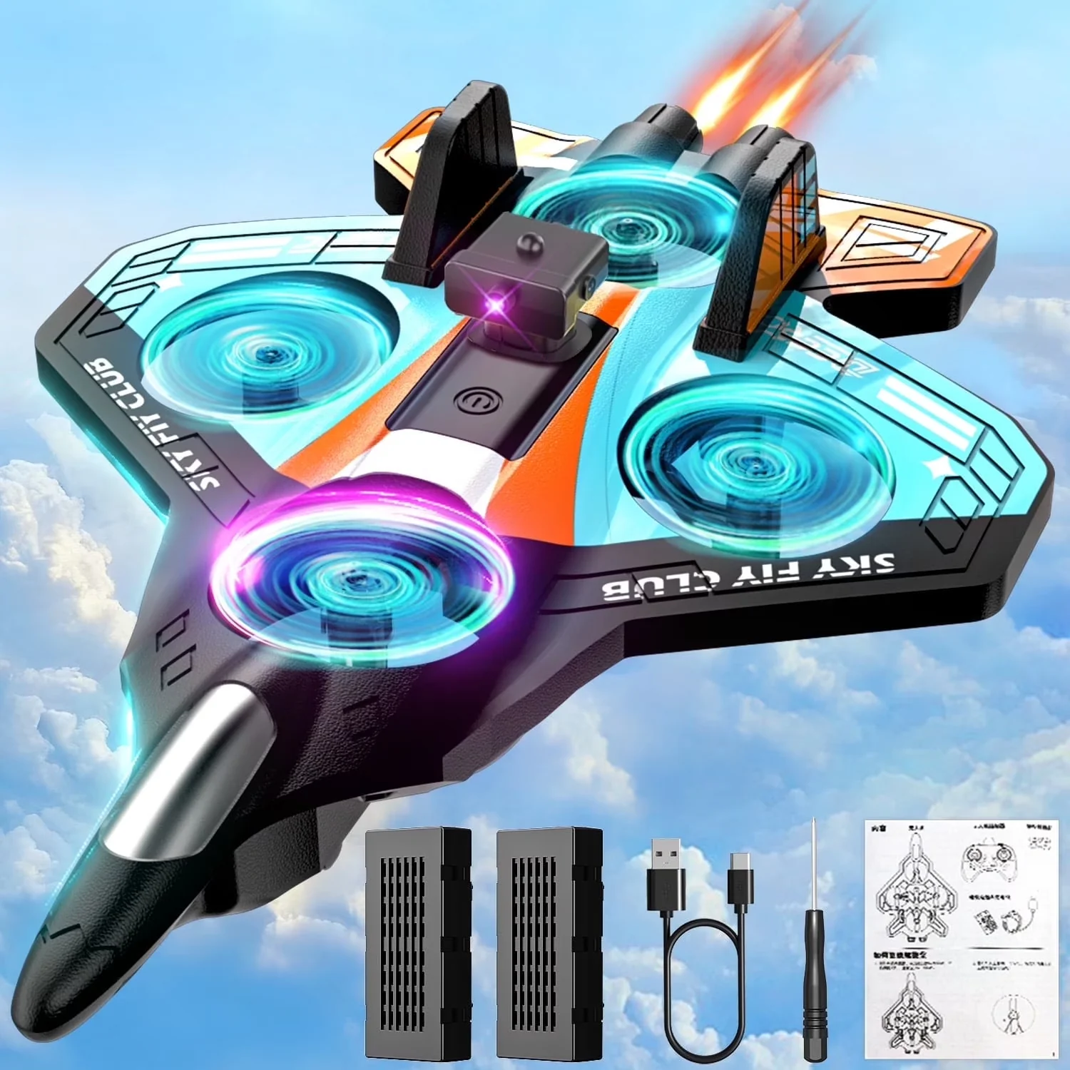 WonderStone 2311 Obstacle Avoidance RC Airplane, Foam Remote Control Jet with LED Lights & 2 Modular Batteries, Orange