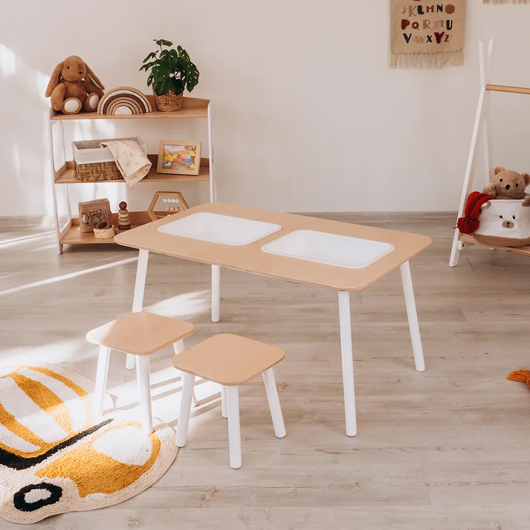 WoodandHearts 3-piece Sorter Table and Stool set for Toddlers, White and Natural wood