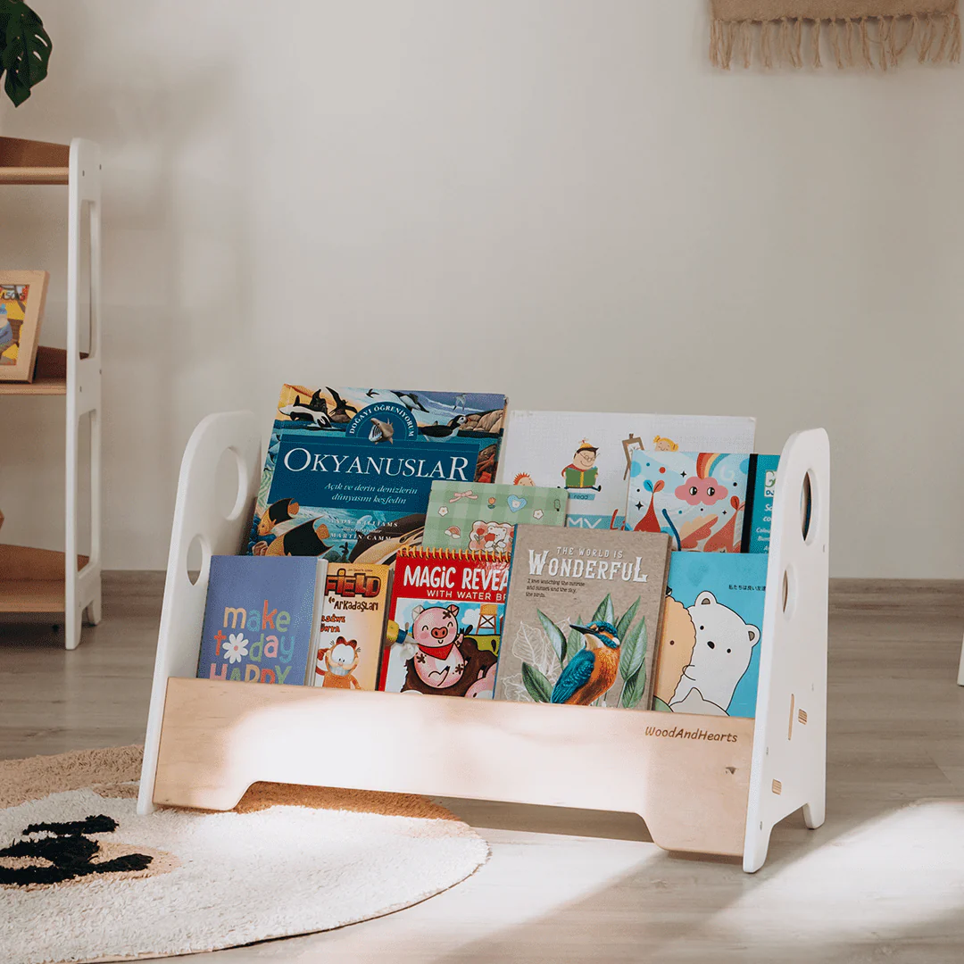 WoodandHearts Montessori Wooden Adam Bookshelf for Toddlers, 2-Shelves, White and Natural Birch Plywood, Minimalist Design, 22in x 9.8in x 14.5in, AAFG008