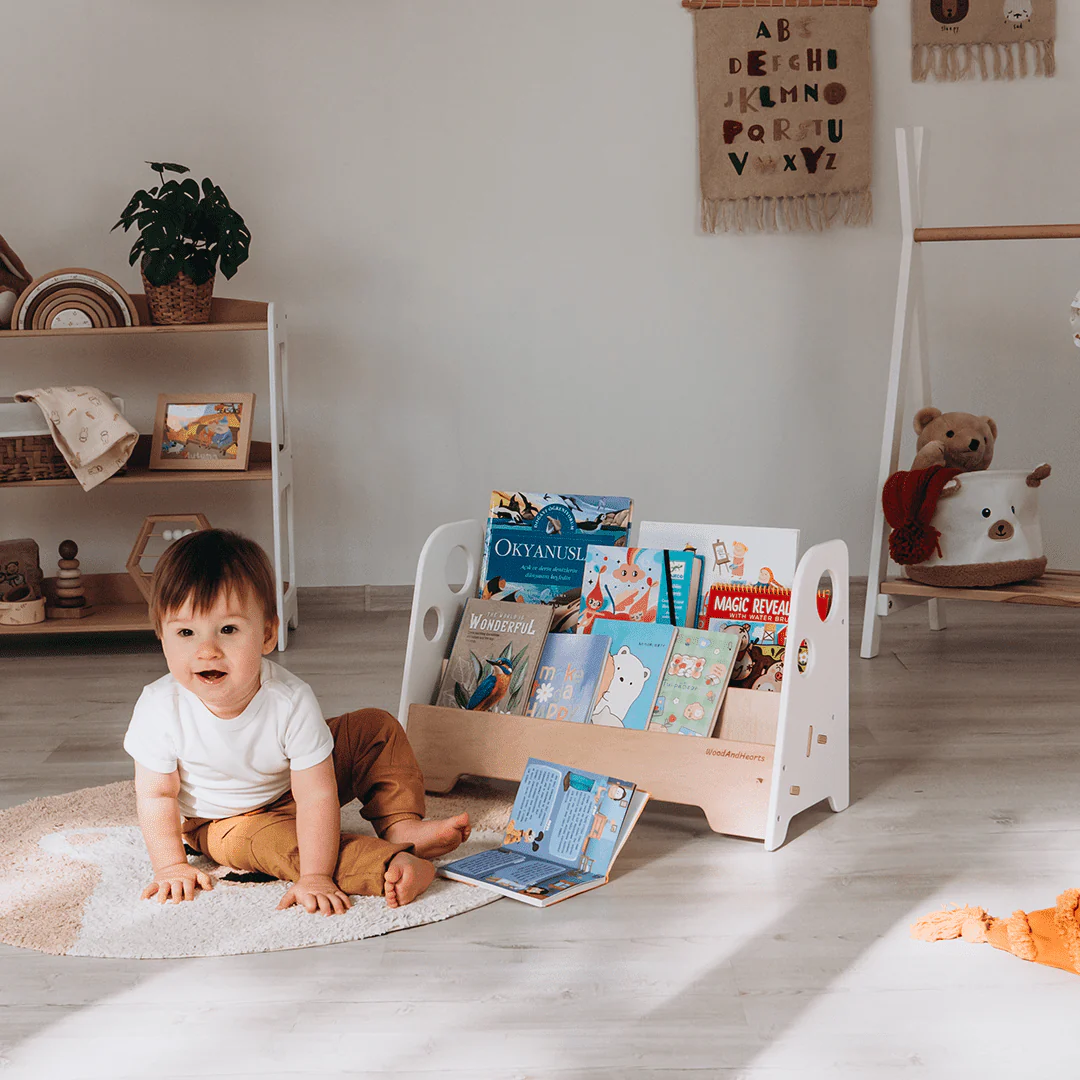 WoodandHearts Montessori Wooden Adam Bookshelf for Toddlers, 2-Shelves, White and Natural Birch Plywood, Minimalist Design, 22in x 9.8in x 14.5in, AAFG008 - Image 2