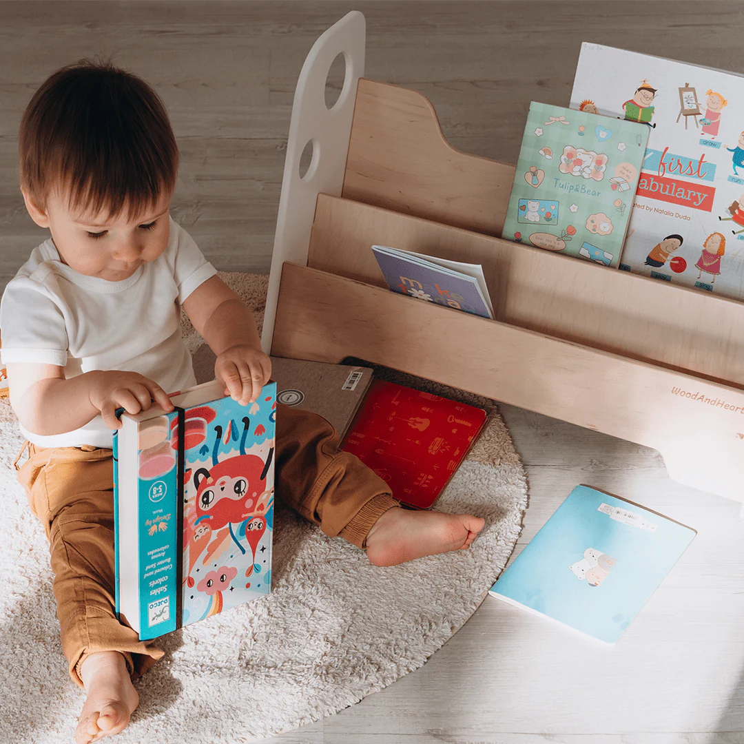 WoodandHearts Montessori Wooden Adam Bookshelf for Toddlers, 2-Shelves, White and Natural Birch Plywood, Minimalist Design, 22in x 9.8in x 14.5in, AAFG008 - Image 5