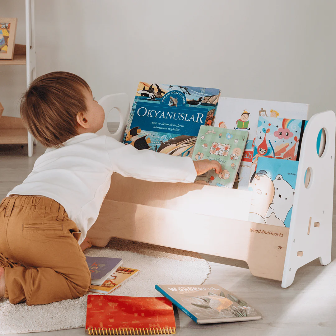 WoodandHearts Montessori Wooden Adam Bookshelf for Toddlers, 2-Shelves, White and Natural Birch Plywood, Minimalist Design, 22in x 9.8in x 14.5in, AAFG008 - Image 6