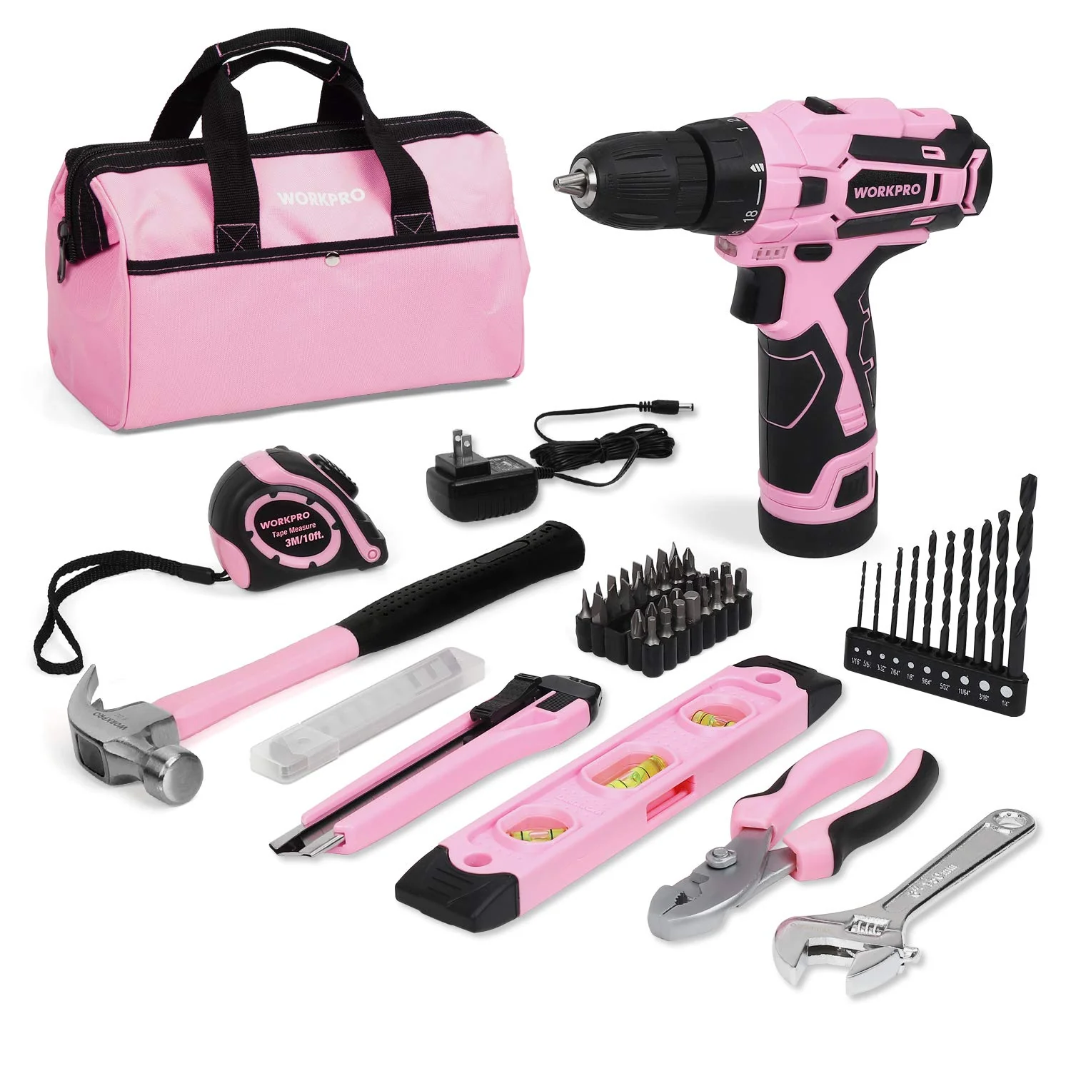 WORKPRO 12V Cordless Drill Driver Kit, 1.5Ah Lithium-Ion Battery, 18+1 Torque Settings, 3/8-Inch Keyless Chuck, Pink, 61-Piece Home Tool Set with Storage Bag