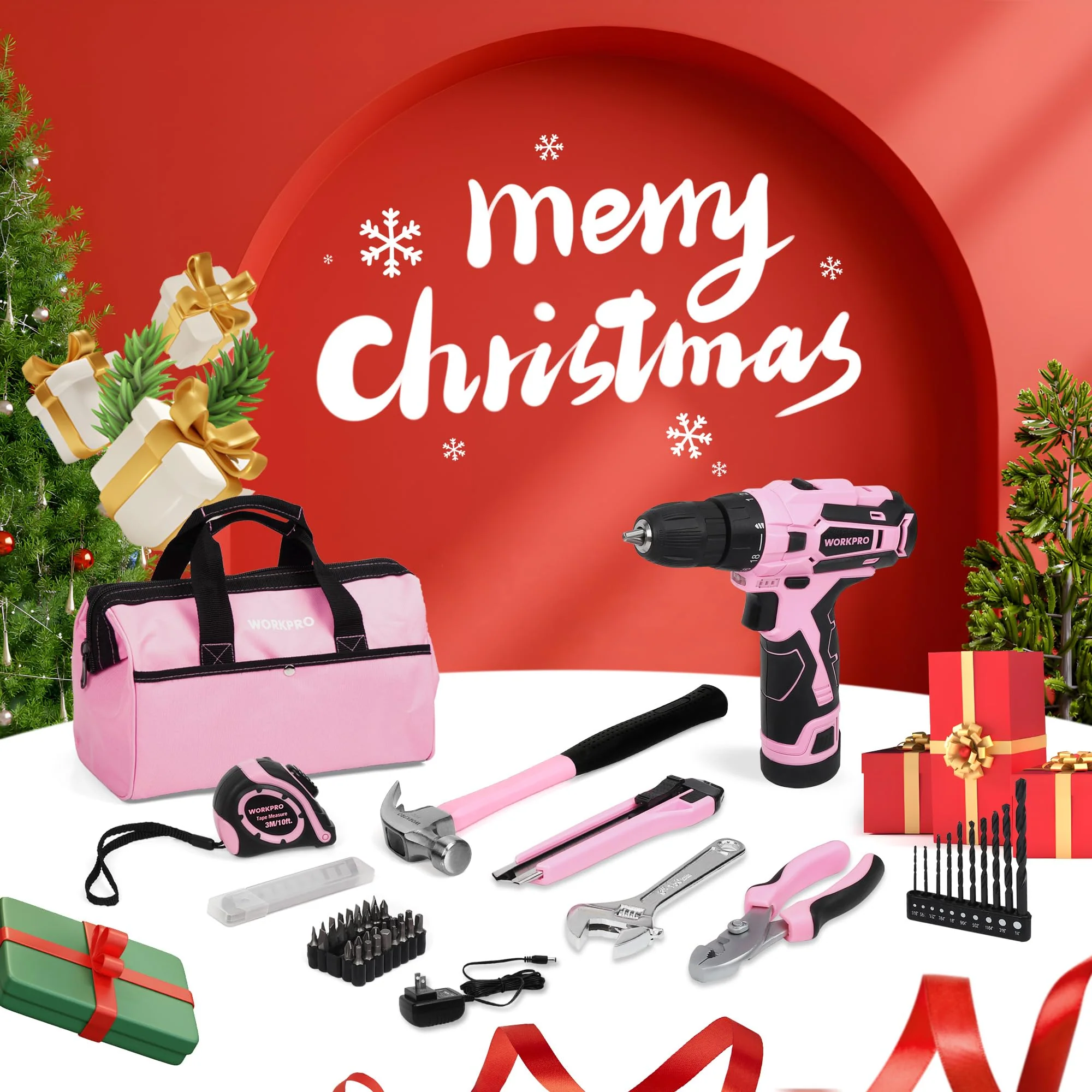 WORKPRO 12V Cordless Drill Driver Kit, 1.5Ah Lithium-Ion Battery, 18+1 Torque Settings, 3/8-Inch Keyless Chuck, Pink, 61-Piece Home Tool Set with Storage Bag - Image 3