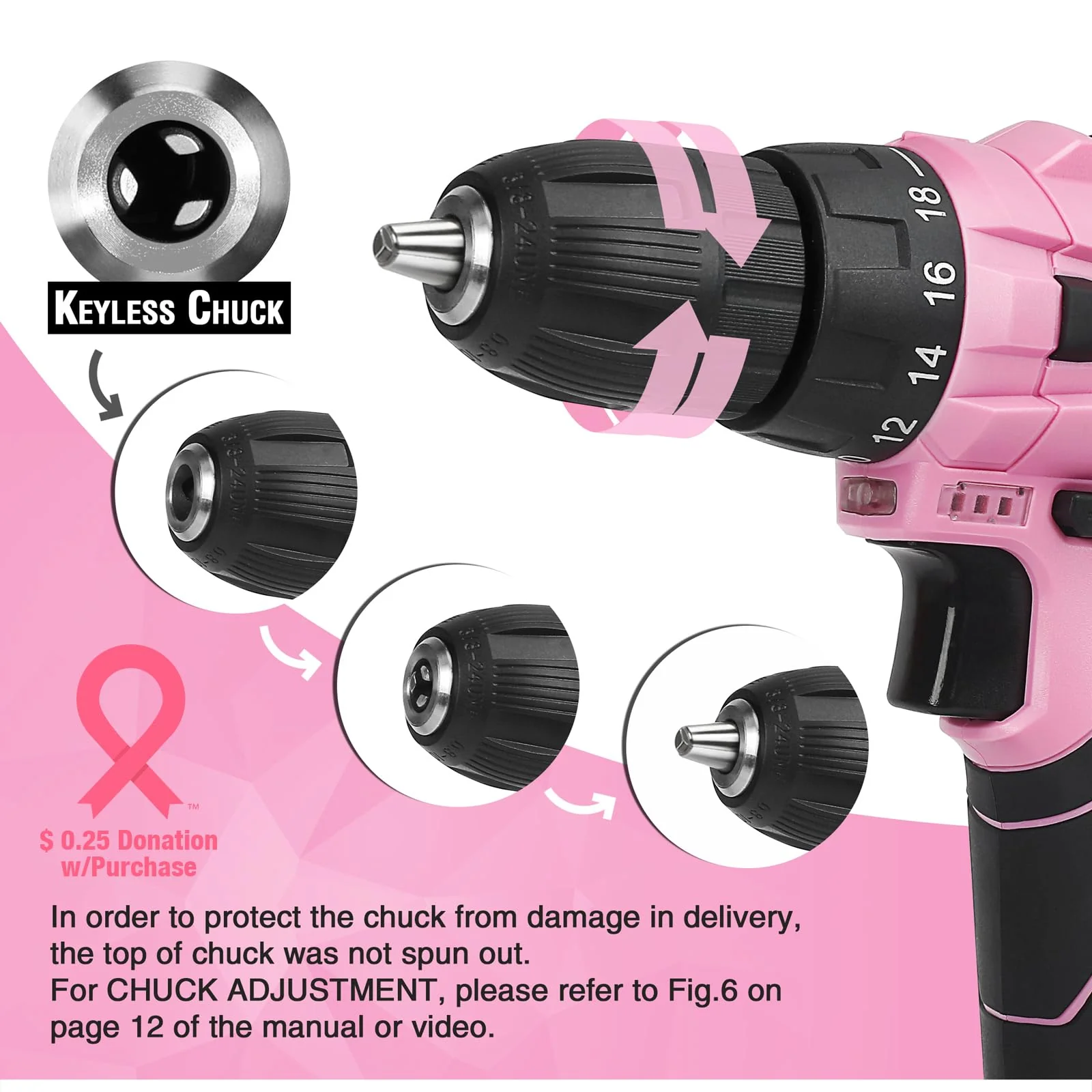 WORKPRO 12V Cordless Drill Driver Kit, 1.5Ah Lithium-Ion Battery, 18+1 Torque Settings, 3/8-Inch Keyless Chuck, Pink, 61-Piece Home Tool Set with Storage Bag - Image 4