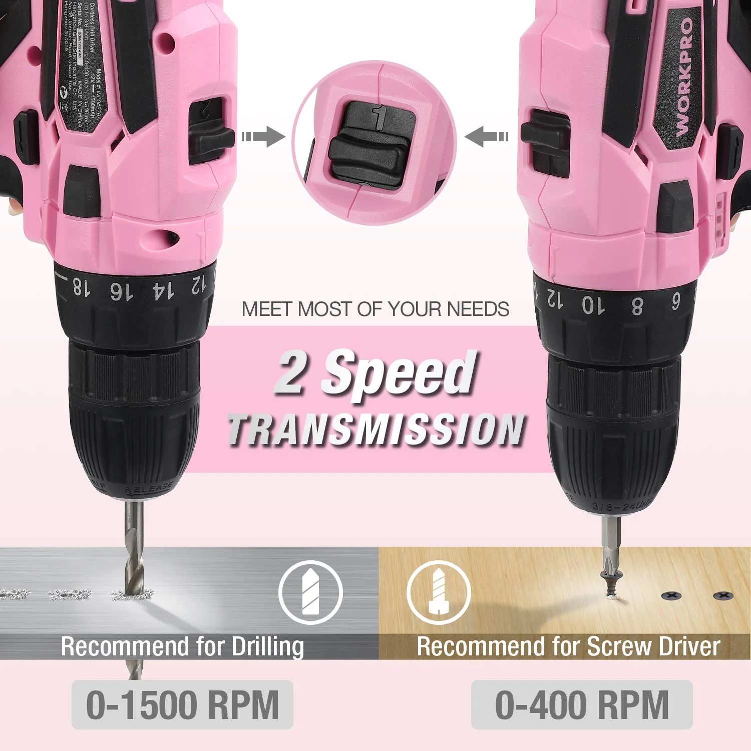 WORKPRO 12V Cordless Drill Driver Kit, 1.5Ah Lithium-Ion Battery, 18+1 Torque Settings, 3/8-Inch Keyless Chuck, Pink, 61-Piece Home Tool Set with Storage Bag - Image 5
