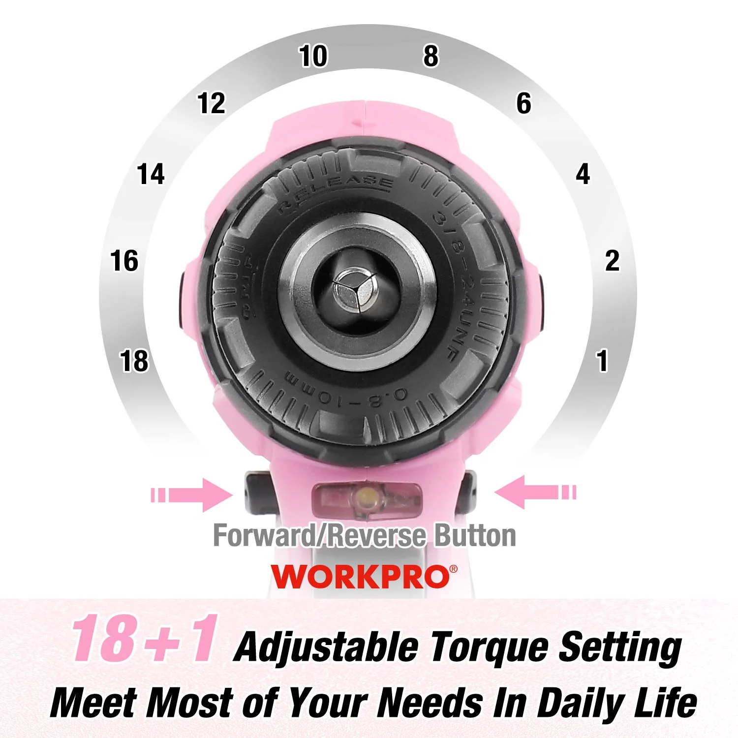 WORKPRO 12V Cordless Drill Driver Kit, 1.5Ah Lithium-Ion Battery, 18+1 Torque Settings, 3/8-Inch Keyless Chuck, Pink, 61-Piece Home Tool Set with Storage Bag - Image 6