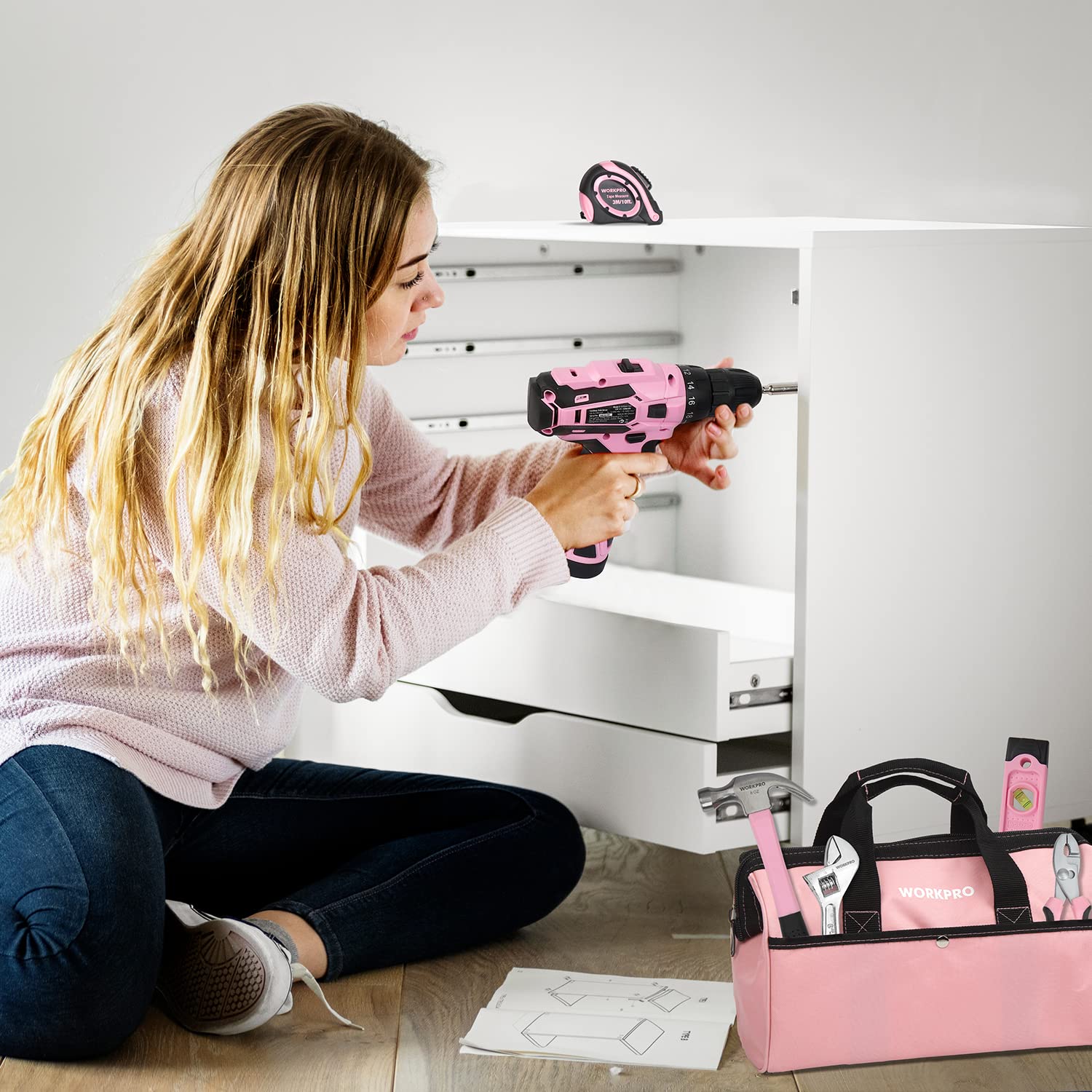 WORKPRO 12V Cordless Drill Driver Kit, 1.5Ah Lithium-Ion Battery, 18+1 Torque Settings, 3/8-Inch Keyless Chuck, Pink, 61-Piece Home Tool Set with Storage Bag - Image 9