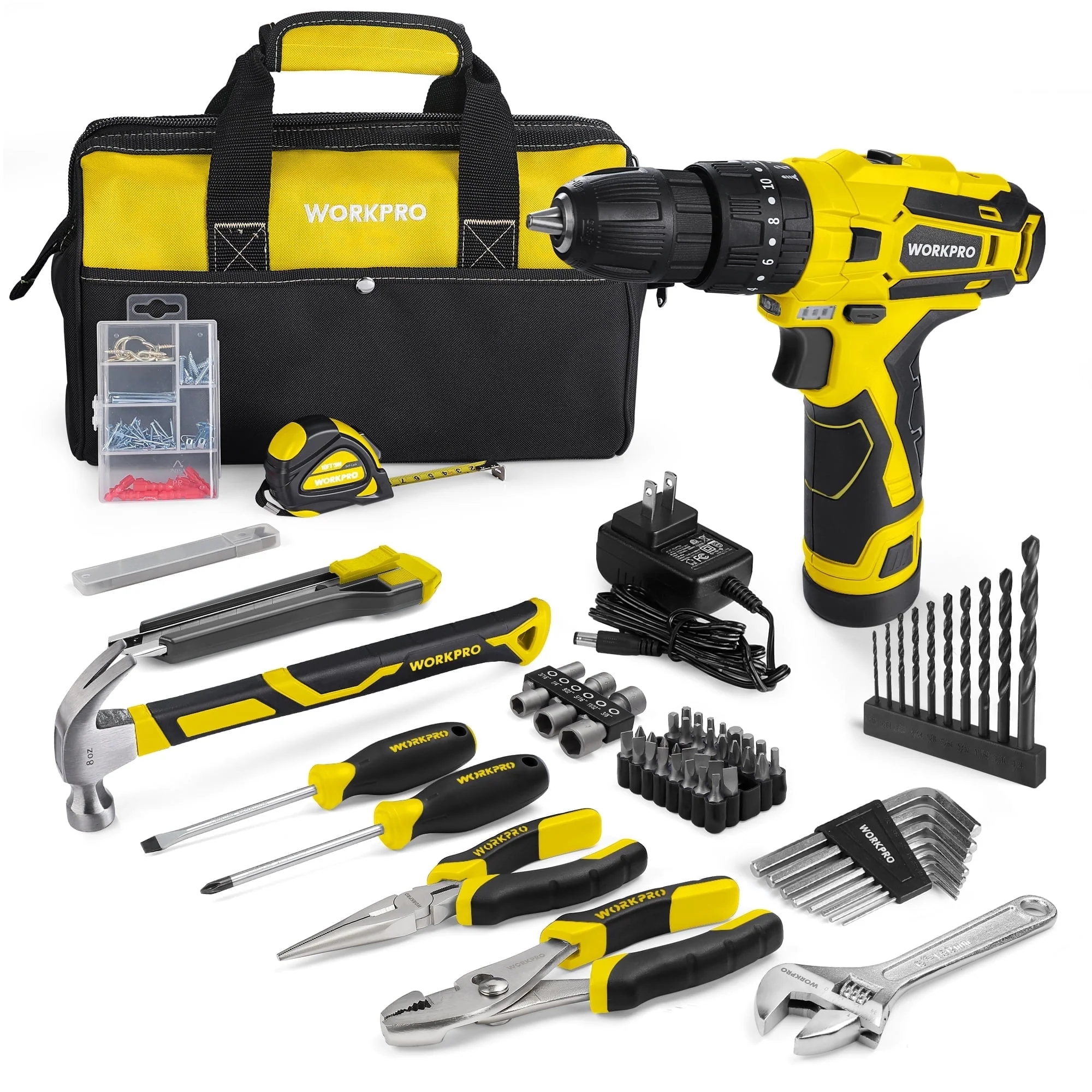 WORKPRO 12V Cordless Drill Driver Kit, 61-Piece Home Tool Set, 1.5Ah Lithium-Ion Battery, 14-Inch Storage Bag, Grey, W122045A