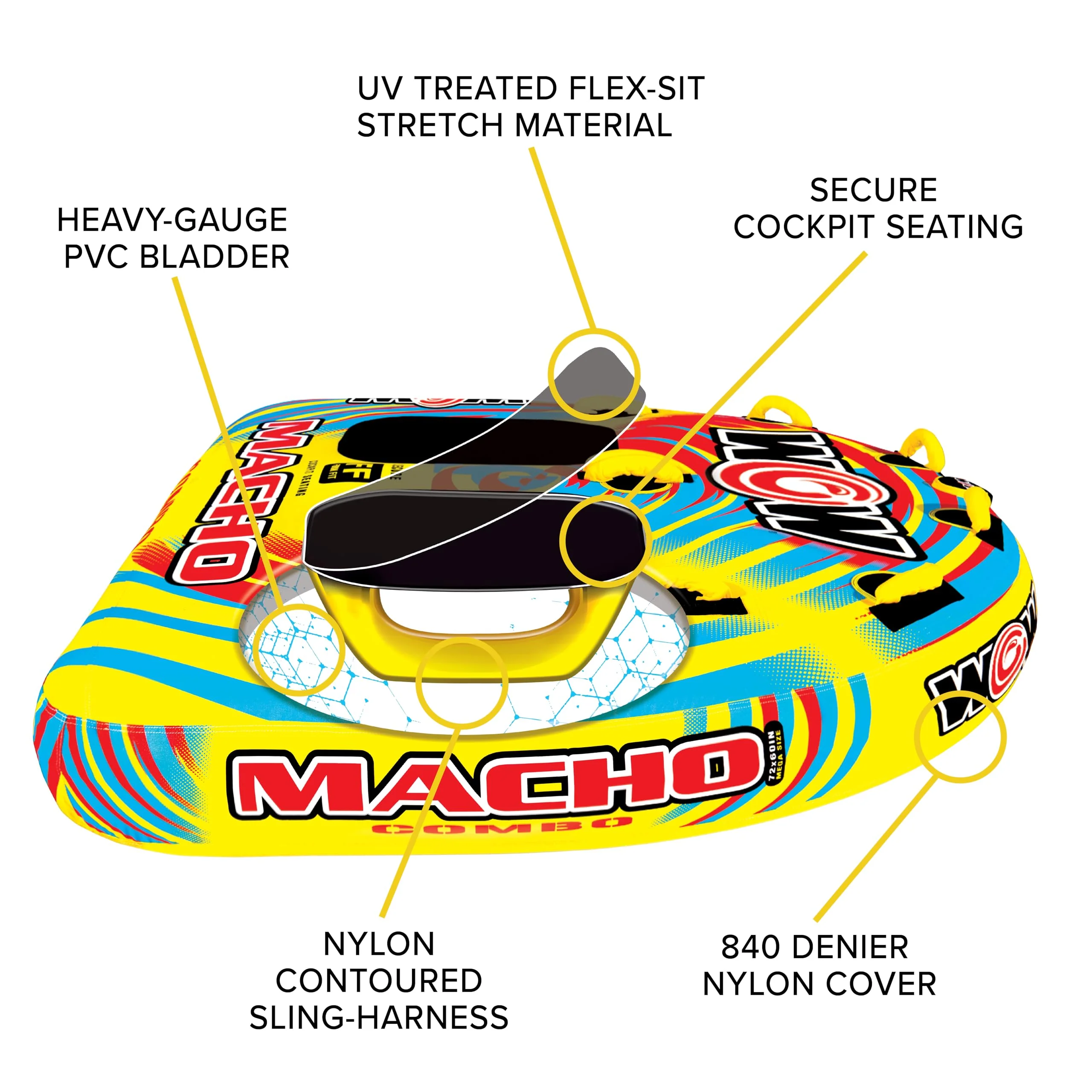 WOW Watersports Macho 2 Person Deck Cockpit Inflatable Towable Water Tube, Heavy-Duty PVC, UV-Protected Nylon, 340 lb Capacity, 16-1010 - Image 3