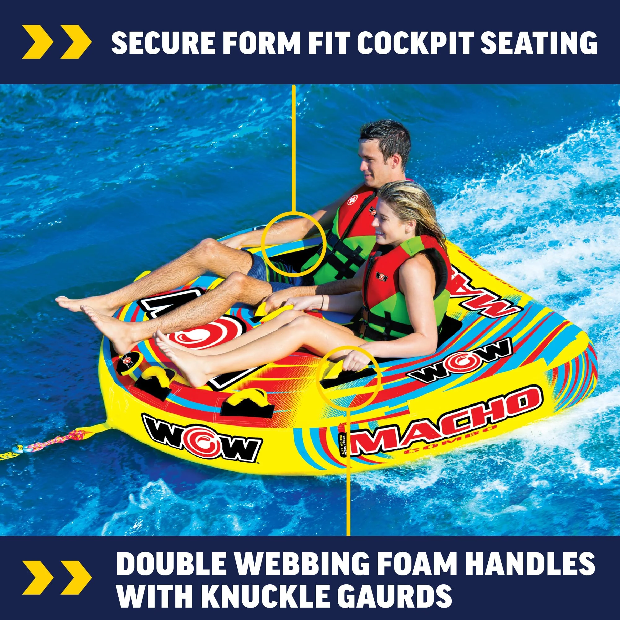 WOW Watersports Macho 2 Person Deck Cockpit Inflatable Towable Water Tube, Heavy-Duty PVC, UV-Protected Nylon, 340 lb Capacity, 16-1010 - Image 4