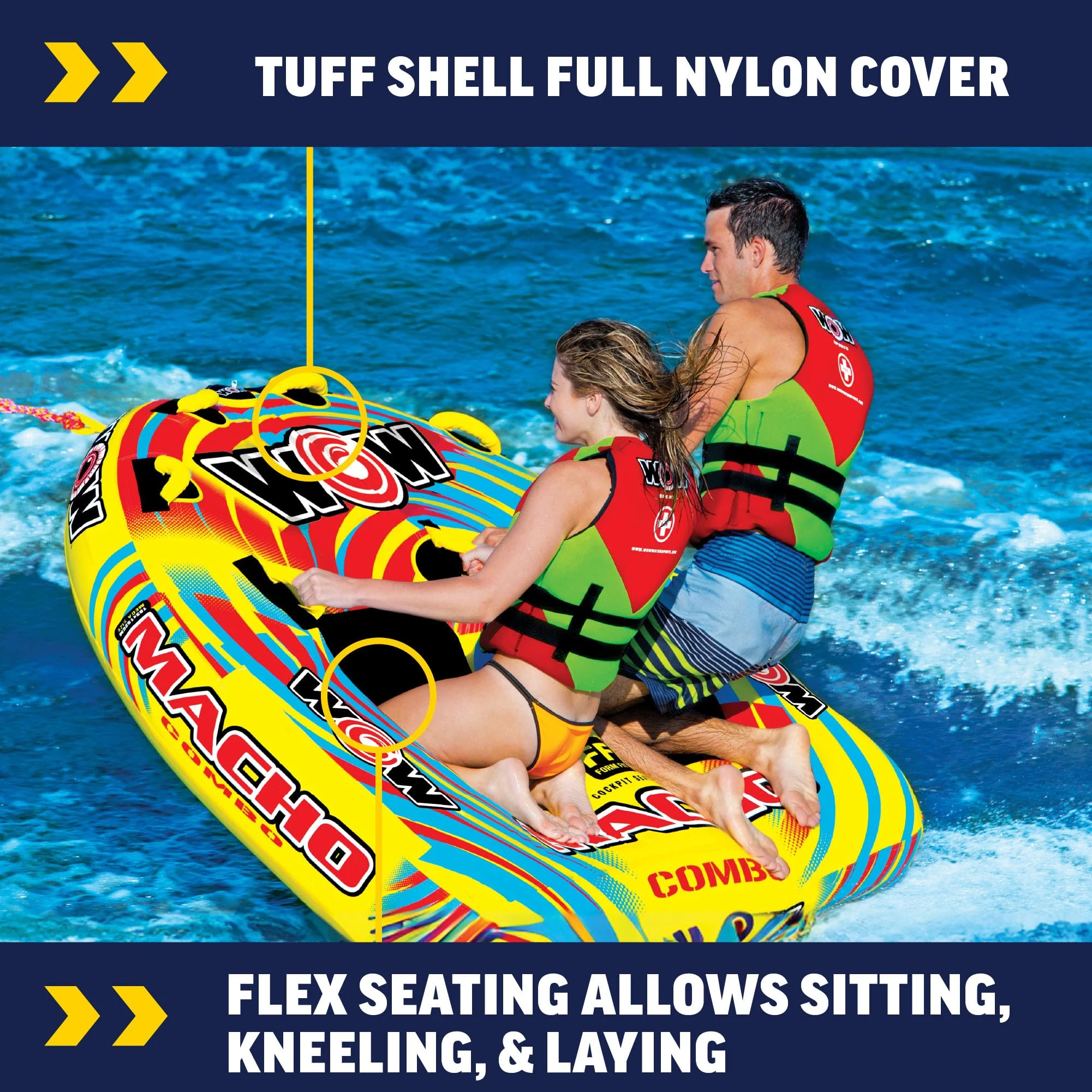 WOW Watersports Macho 2 Person Deck Cockpit Inflatable Towable Water Tube, Heavy-Duty PVC, UV-Protected Nylon, 340 lb Capacity, 16-1010 - Image 5
