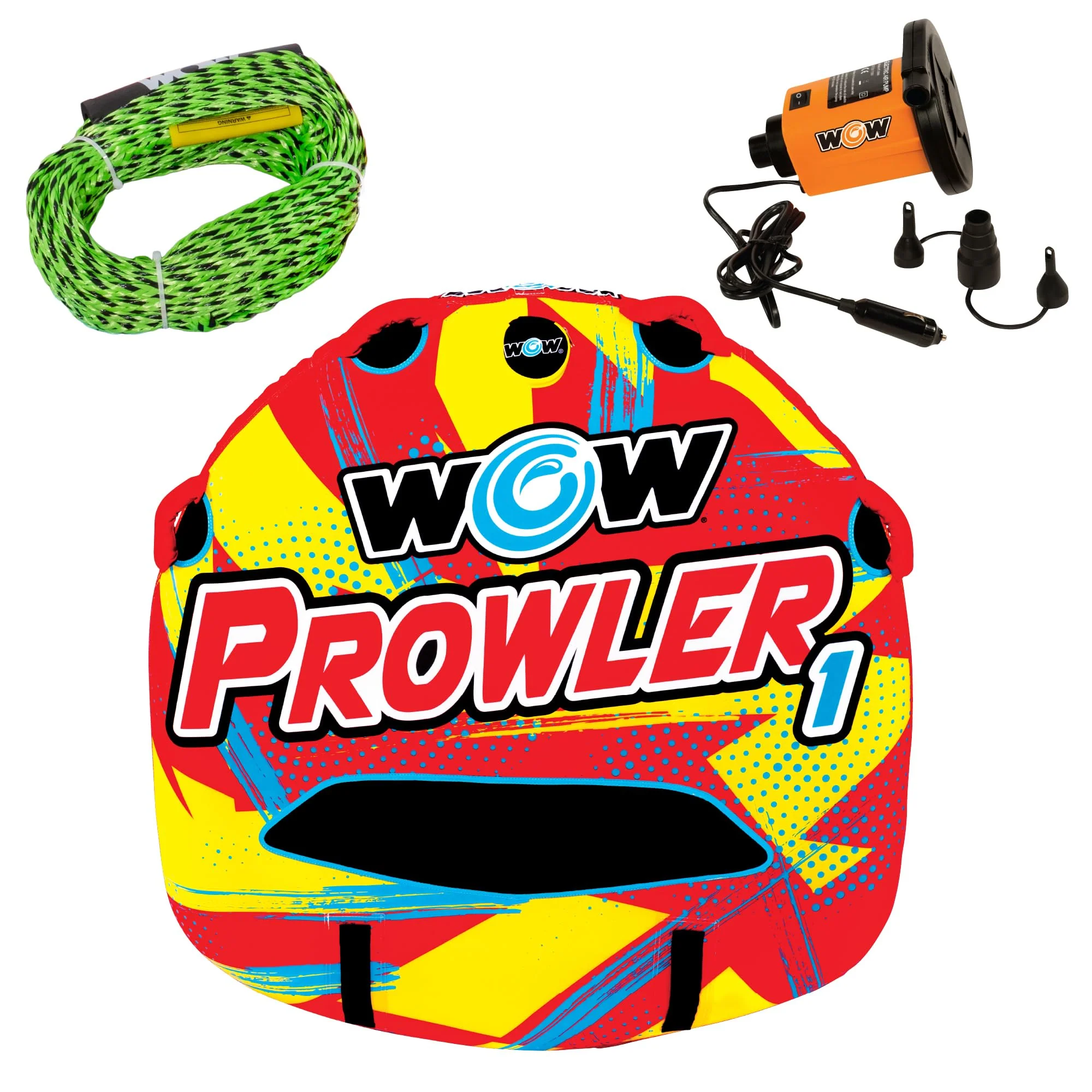 WOW Watersports Prowler Starter Kit, 1-Person Towable Tube with Heavy-Duty 1,000 lb Tow Rope and 12V High-Speed Air Pump, Nylon Cover