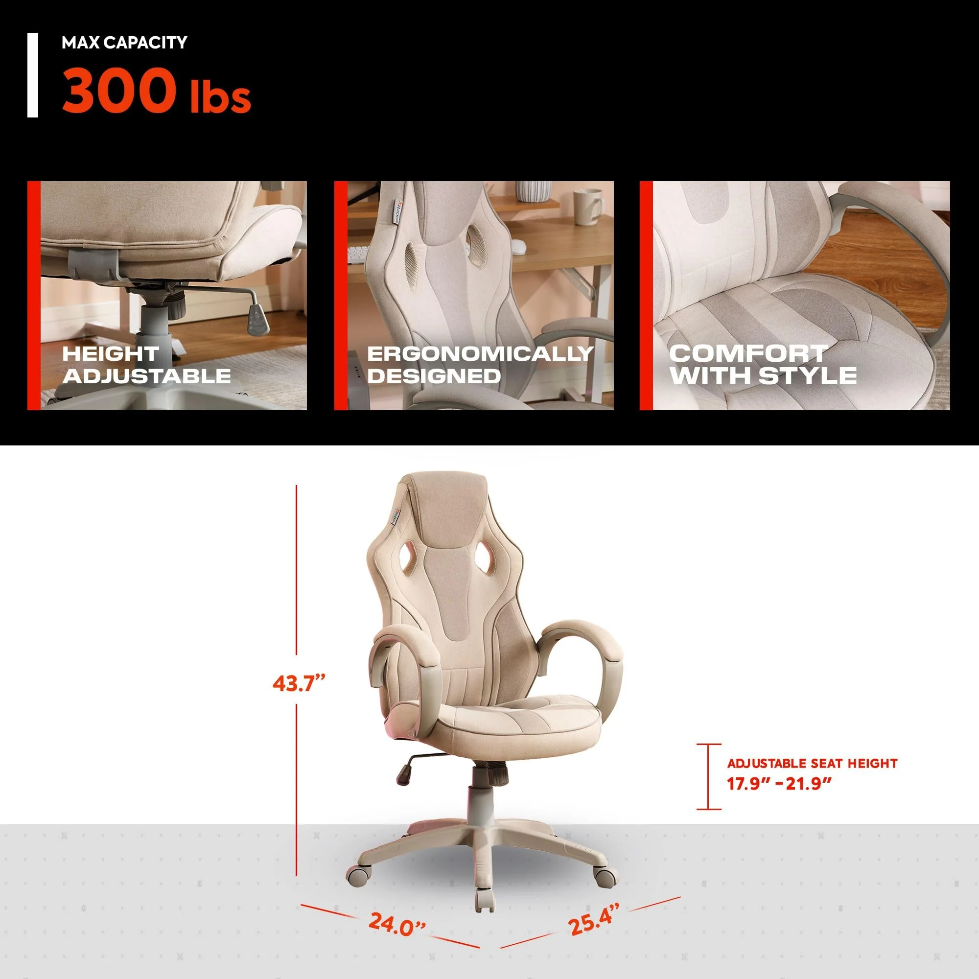 X Rocker Raya Cream PC Gaming Chair with Adjustable Height, Ergonomic Lumbar Support, Plush Cushioning, Wood and Metal Frame, 7006401 - Image 3