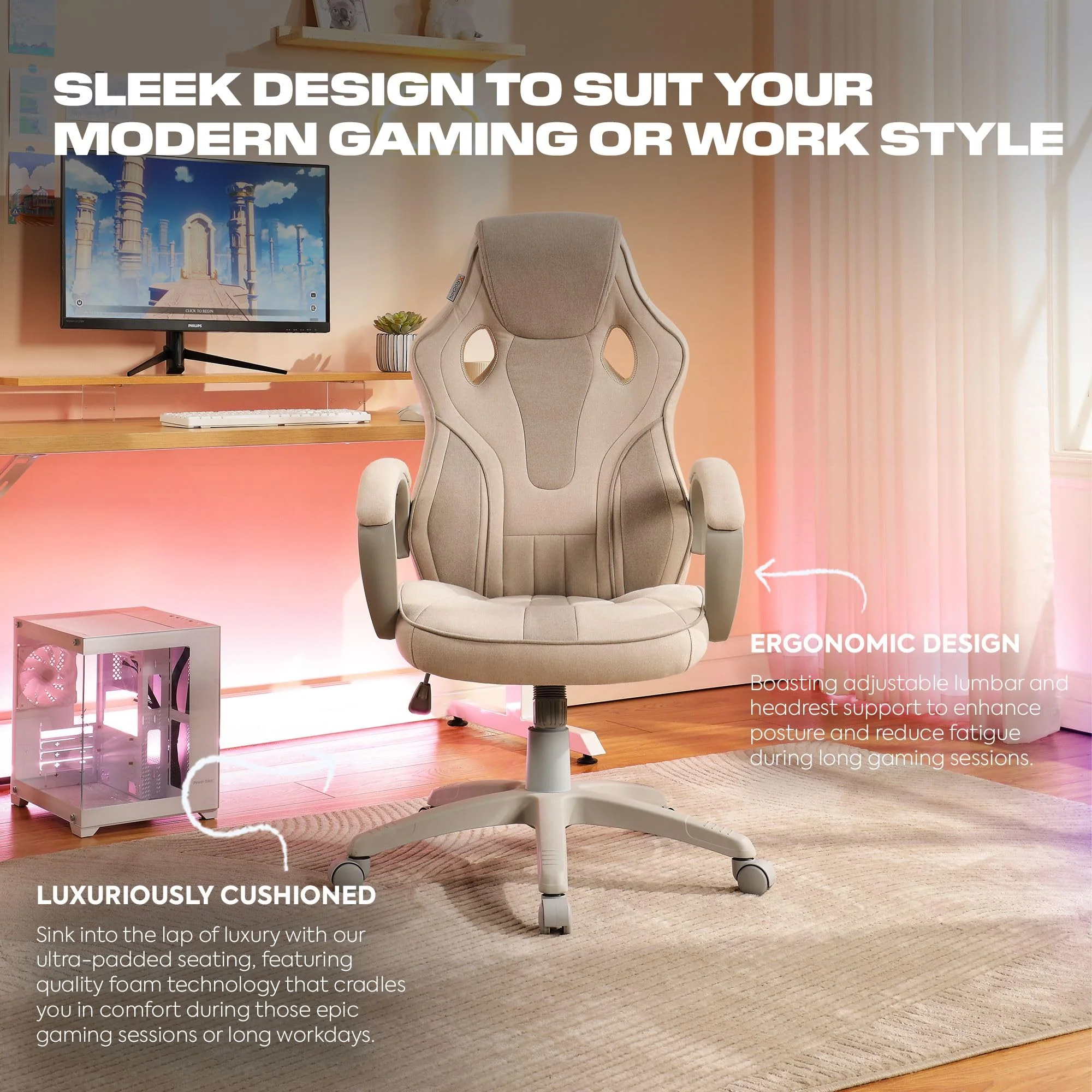 X Rocker Raya Cream PC Gaming Chair with Adjustable Height, Ergonomic Lumbar Support, Plush Cushioning, Wood and Metal Frame, 7006401 - Image 4