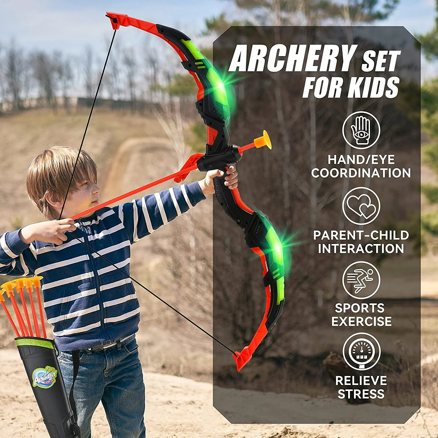 YCFUN Kids Bow and Arrow Toy Set, Complete Archery Kit with 2 Bows, 20 Arrows, 2 Targets, and 2 Quivers, Non-Toxic, LED Light Up, Outdoor and Indoor Play for Ages 3+ - Image 6