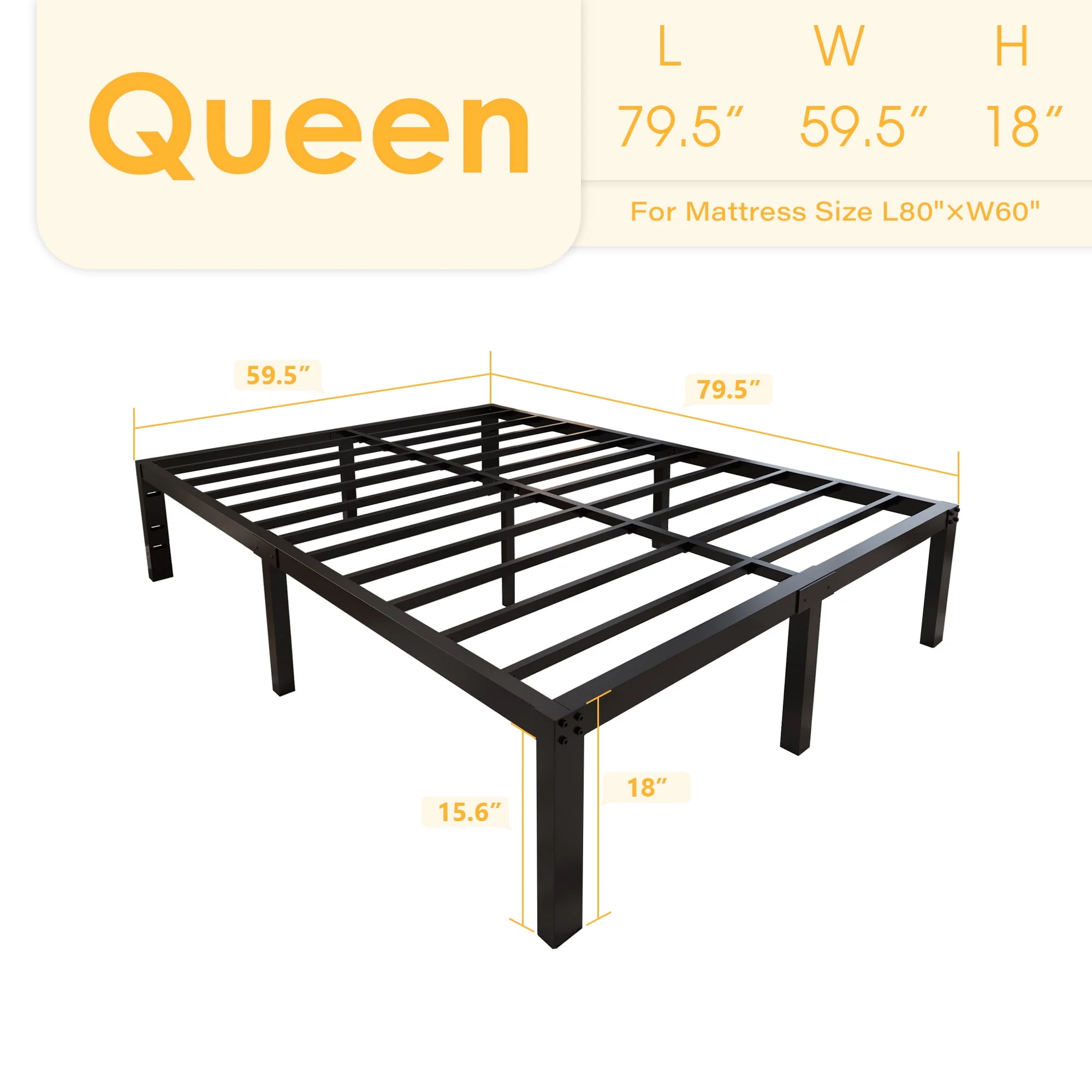 Yookare 18 Inch Heavy Duty Platform Bed Frame, Metal, Black, Queen, 4000 lbs Capacity - Image 2