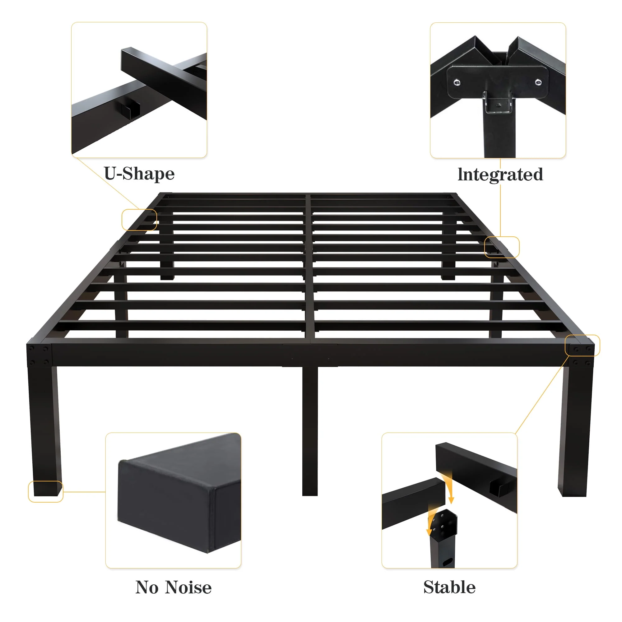 Yookare 18 Inch Heavy Duty Platform Bed Frame, Metal, Black, Queen, 4000 lbs Capacity - Image 3