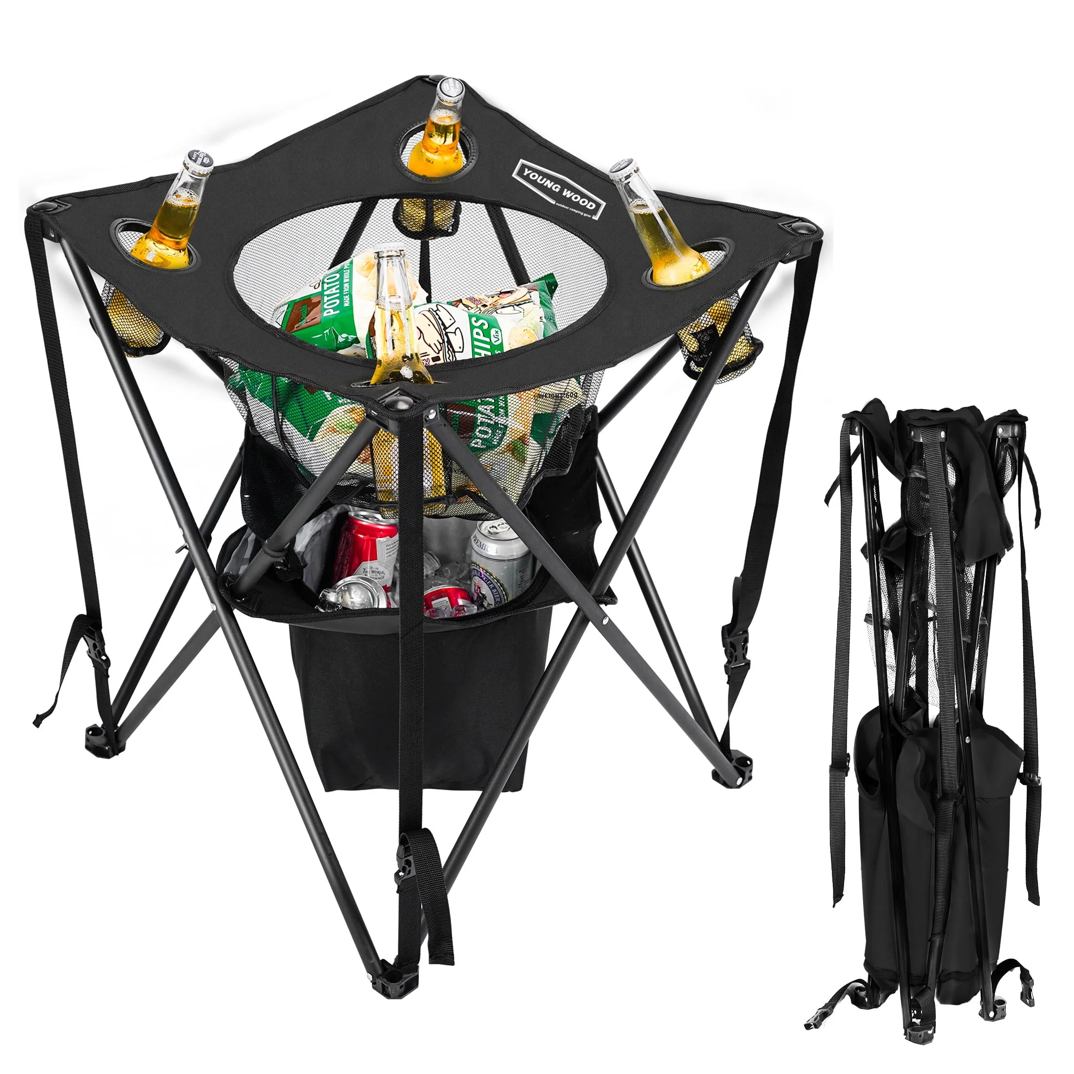 Young Wood YW-WM-PT-BK-01 Foldable Party Table with Temperature Control Bag and Cup Holder, Black