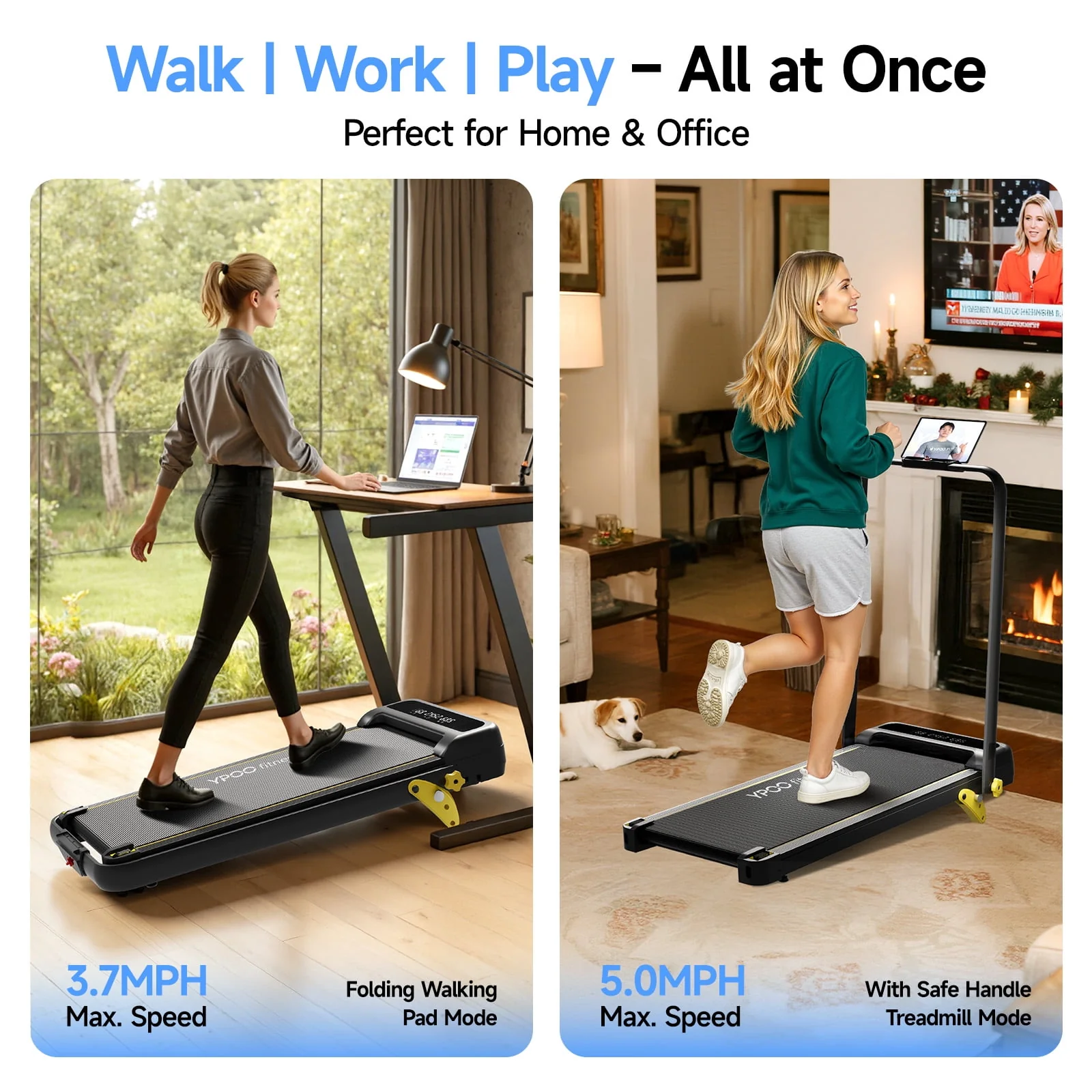 YPOO Foldable Treadmill w/Incline & Handle, Portable Walking Pad for Home/Office, 300 lb Capacity, Remote Control - Image 4