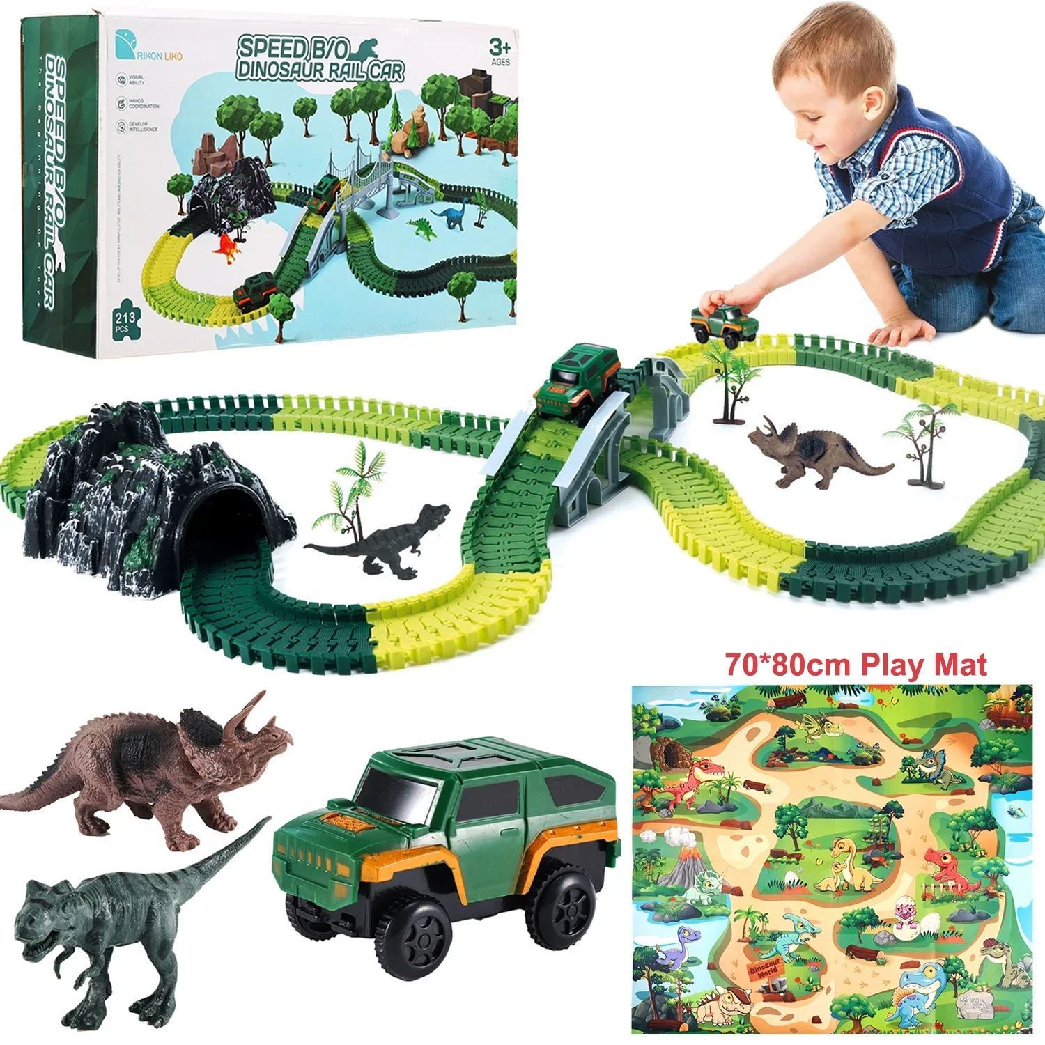 Zacro GYH0022 Dinosaur Toy Racing Car Track Set, 240-Piece Flexible Track Set with Play Mat for Toddlers, Boys and Girls, Gift for 3 4 5 6 7 8 Year Olds