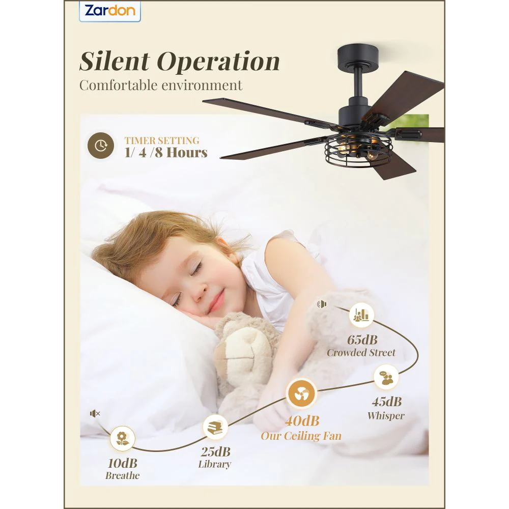 Zardon F-LQ42BK-2D02 42" Black Farmhouse Ceiling Fans with Light and Remote, 2 Pack Industrial Caged Fans with Quiet DC Motor - Image 5