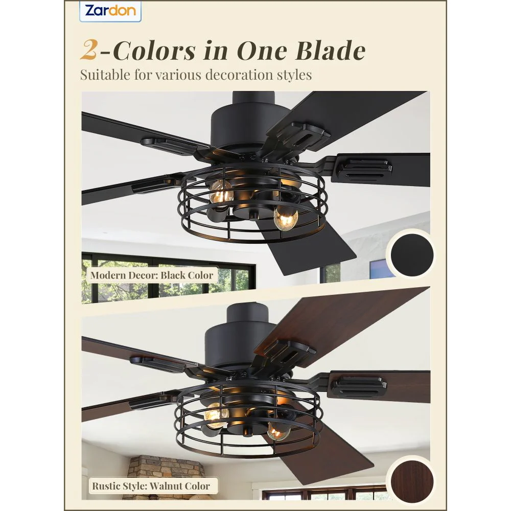 Zardon F-LQ42BK-2D02 42" Black Farmhouse Ceiling Fans with Light and Remote, 2 Pack Industrial Caged Fans with Quiet DC Motor - Image 6