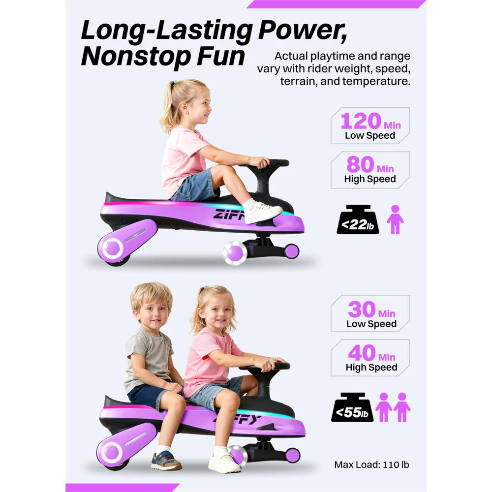 ZIFFY Electric Wiggle Car, 6V 5.5Ah Rechargeable Battery, 2 Speed Ride-On Toy with LED Wheels, Triple Anti-Rollover Safety, Purple - Image 6