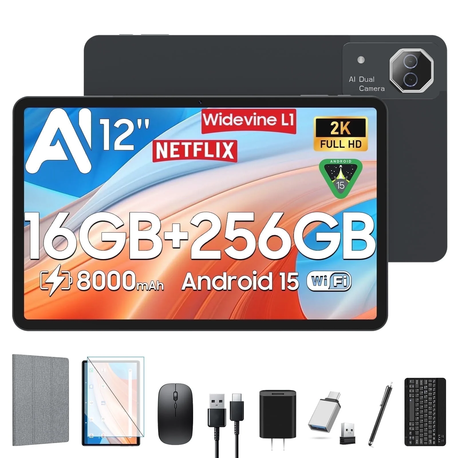 Zonko 12 Inch Android 15 Tablet, 16GB RAM, 256GB Storage Expandable to 2TB, Helio G99 Octa-Core Processor, 2K IPS Display, Quad Speakers, Dual Cameras, GPS, Keyboard Included, D136