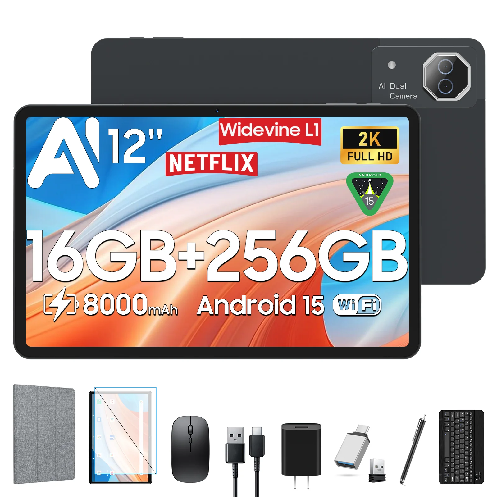 Zonko 12 Inch Android 15 Tablet, 16GB RAM, 256GB Storage Expandable to 2TB, Helio G99 Octa-Core Processor, 2K IPS Display, Quad Speakers, Dual Cameras, GPS, Keyboard Included, D136 - Image 2