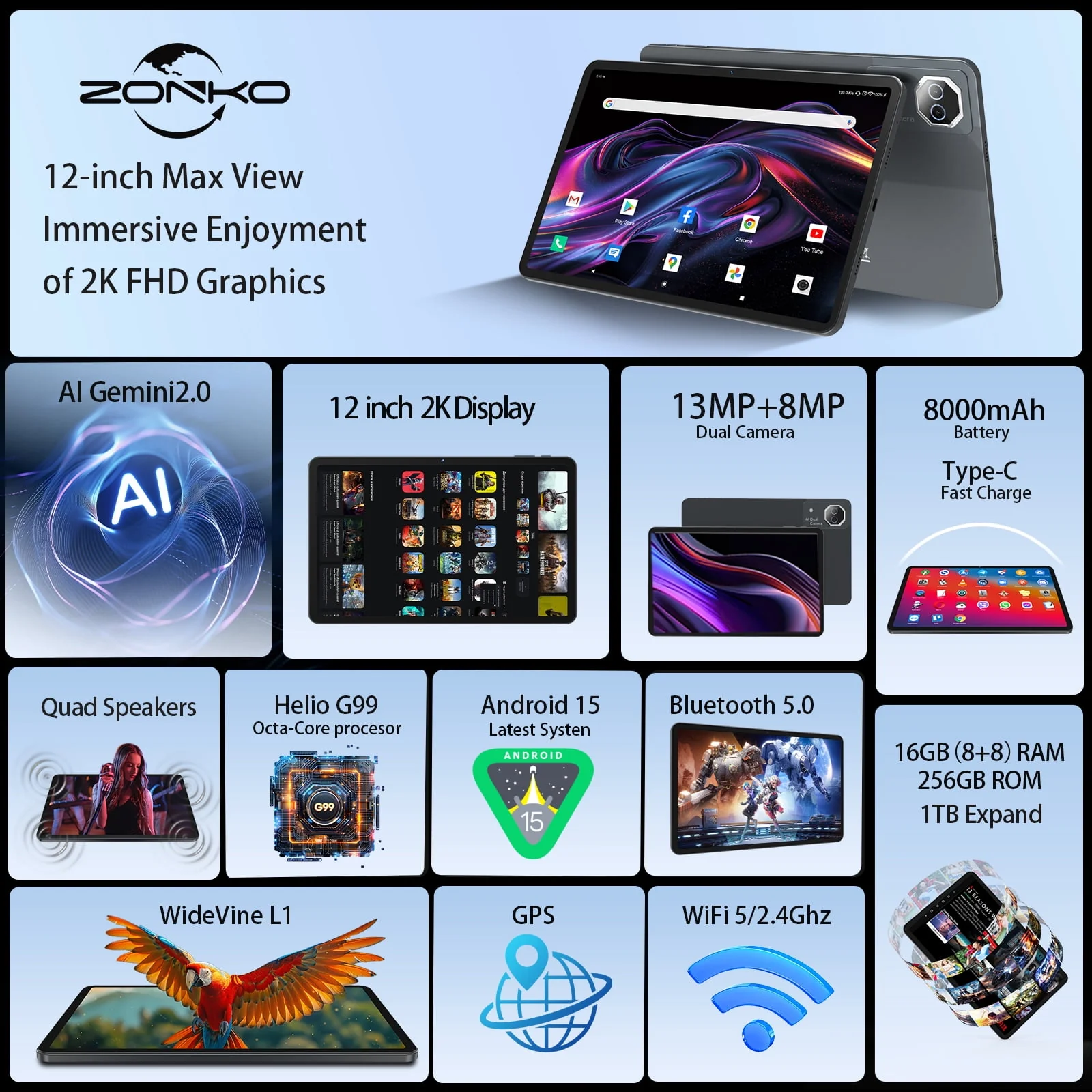Zonko 12 Inch Android 15 Tablet, 16GB RAM, 256GB Storage Expandable to 2TB, Helio G99 Octa-Core Processor, 2K IPS Display, Quad Speakers, Dual Cameras, GPS, Keyboard Included, D136 - Image 3